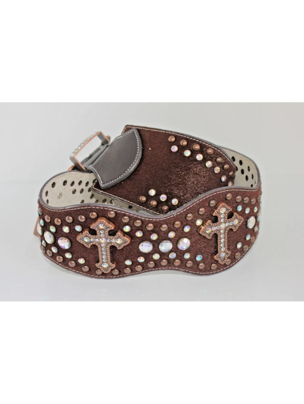 Nocona Women's Brown Hair on Hide Scalloped Bling Cross Belt Size L Copper A1504